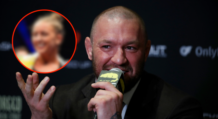 Conor McGregor interacts with media after BKFC 70 Hollywood at Hard Rock Live in Seminole Hard Rock Hotel & Casino with an inset of Dakota Ditcheva...