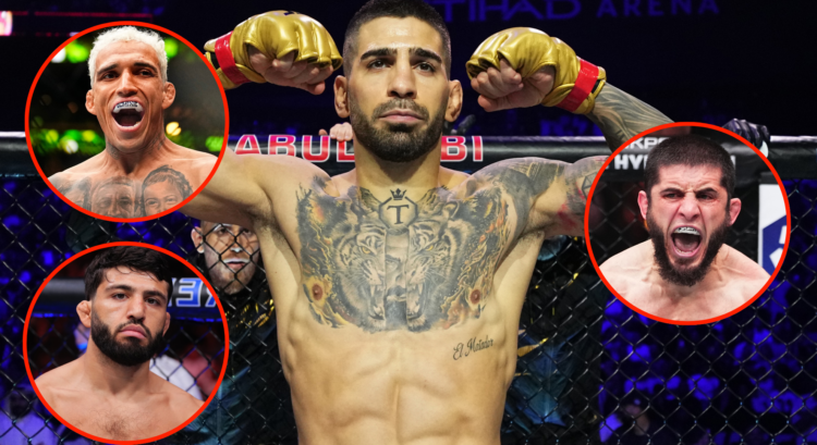 Ilia Topuria poses during his intro at UFC 308, inset Islam Makhachev, Arman Tsarukyan, and Charles Oliveira reacting after recent wins.