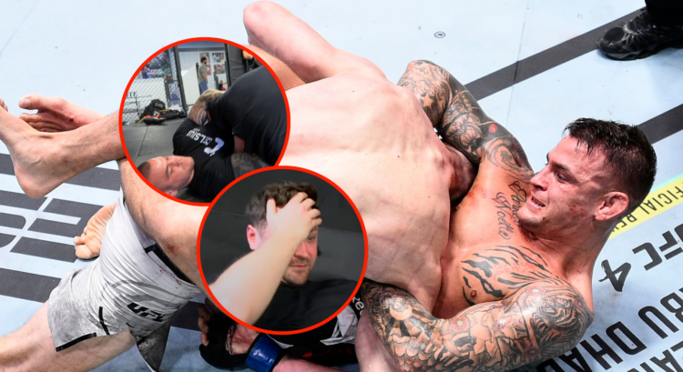 Dustin Poirier locks in a guillotine choke, bubbles show him choking out journalist Mike Bohn