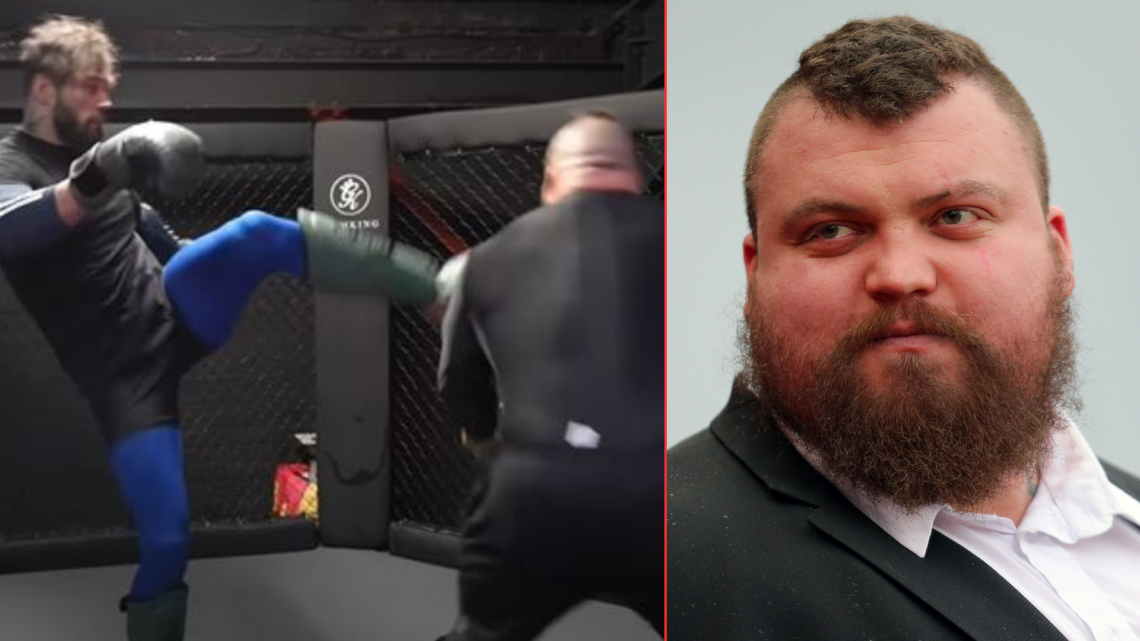 Image of Eddie Hall at Stoke City vs Everton with an inset of him getting dropped