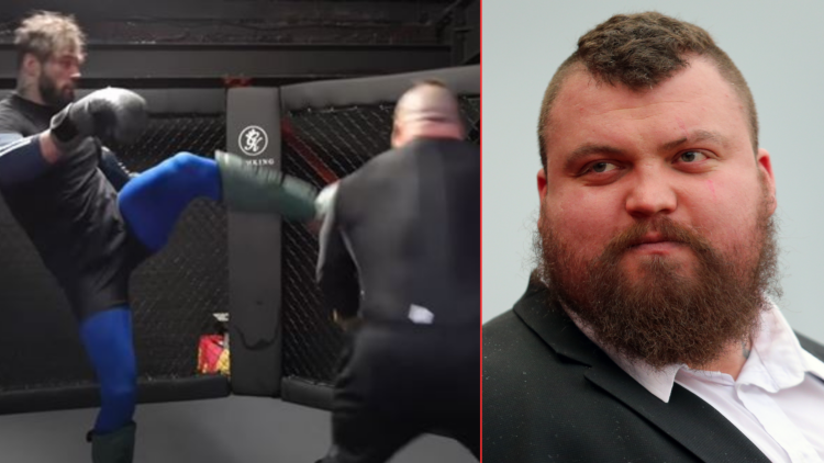 Image of Eddie Hall at Stoke City vs Everton with an inset of him getting dropped