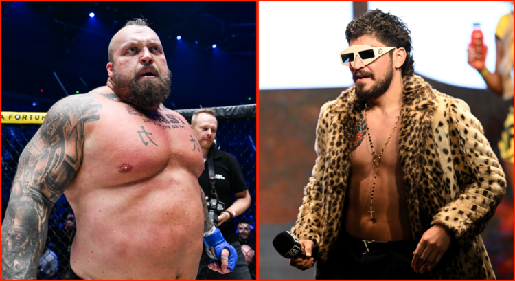 Composite image shows Eddie Hall entering the cage for his MMA debut. Right photo shows Dillon Danis wearing a leopard print jacket with no shit an...