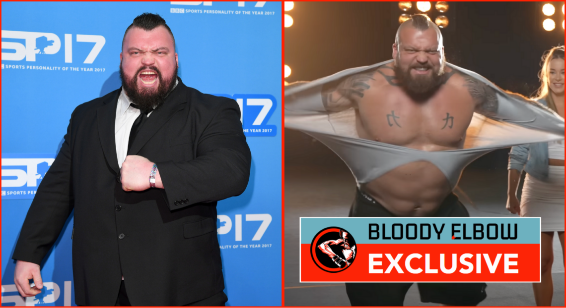 Two photos showing Eddie Hall from 2017 and current day. In right photo he is wearing a suit, left he is tearing off a t-shirt and considerably sli...