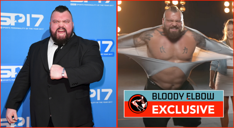 Two photos showing Eddie Hall from 2017 and current day. In right photo he is wearing a suit, left he is tearing off a t-shirt and considerably sli...