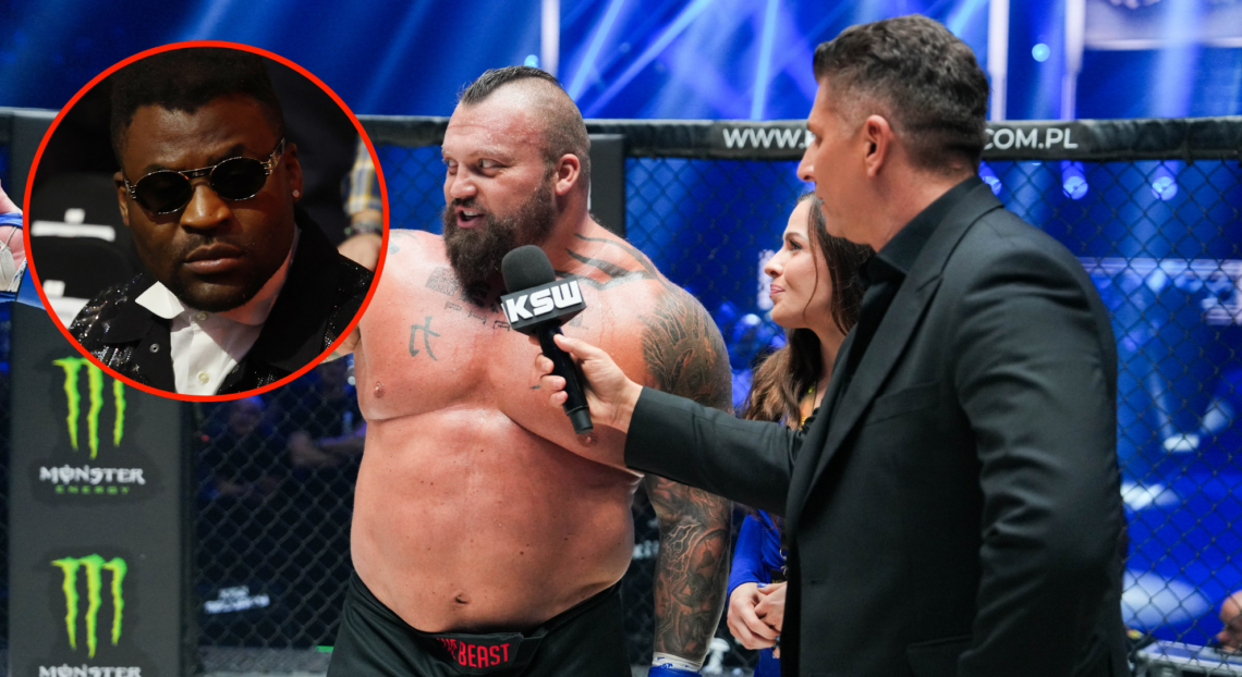 Main photo shows Eddie Hall giving a post-fight interview after his MMA debut. Bubble shows Francis Ngannou wearing sunglasses