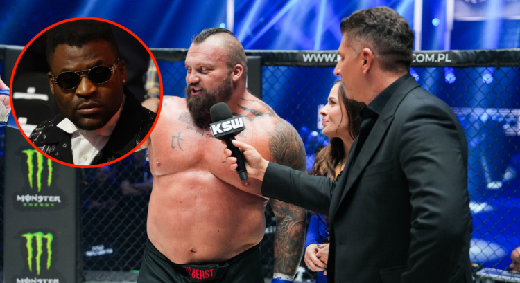 Main photo shows Eddie Hall giving a post-fight interview after his MMA debut. Bubble shows Francis Ngannou wearing sunglasses