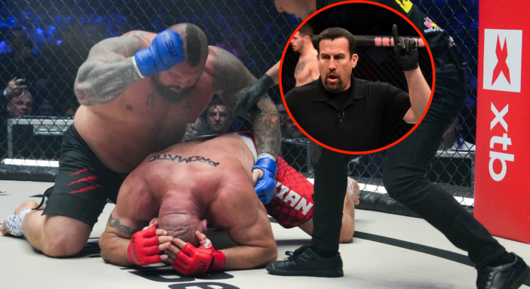 Main photo shows Eddie Hall punching Mariusz Pudzianowski in the back of the head. Bubble photo shows John McCarthy deducting a