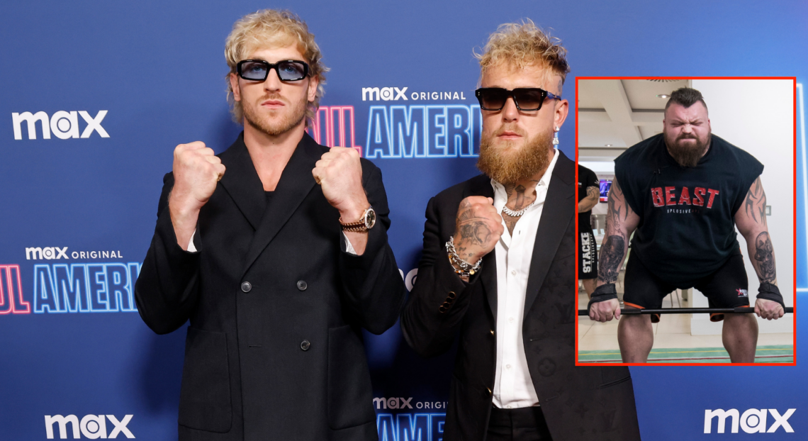 Logan Paul and Jake Paul, with a bubble showing Eddie Hall lifting weights