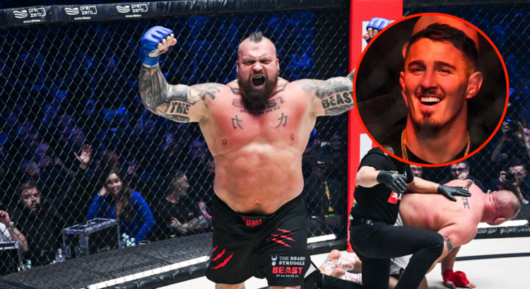 Main photo shows Eddie Hall celebrating his win over Mariusz Pudzianowski , bubble shows Tom Aspinall smiling