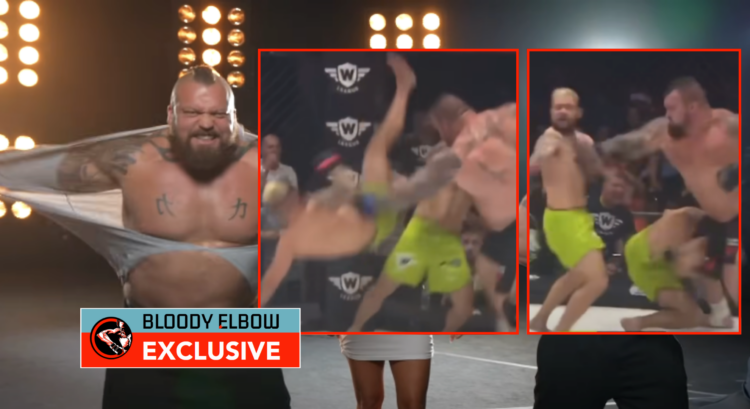 Composite image showing Eddie Hall tearing off his shirt. Block photos show him throwing a man and knocking him out with a punch