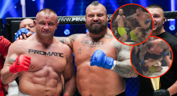 Main photo shows Eddie Hall and Mariusz Pudzianowski after their fight. Bubble photos are grabs from Eddie Hall knocking out the Neffati twins