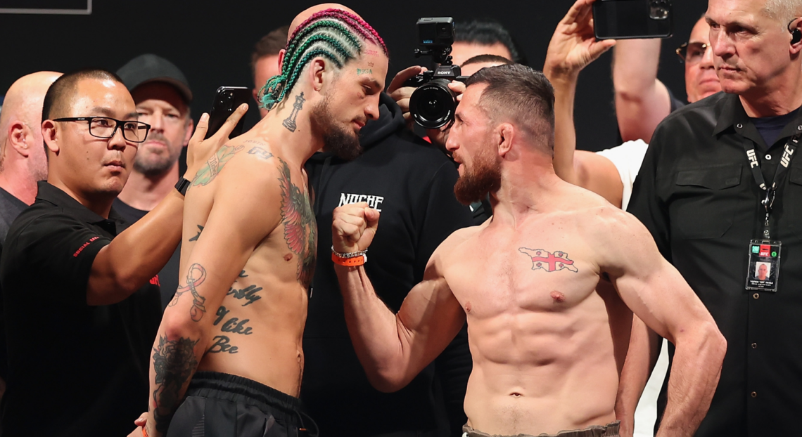 Sean O'Malley and Merab Dvalishvili face off at the UFC 306 ceremonial weigh-in.