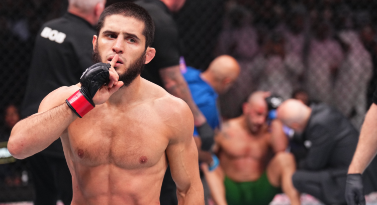 Islam Makhachev reacts after knocking out Alexander Volkanovski at UFC 294.
