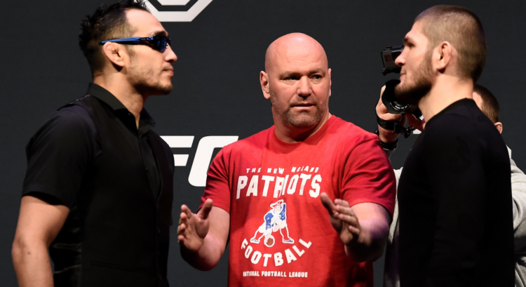 Tony Ferguson and Khabib Nurmagomedov face off at a press conference.