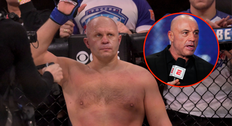 Fedor Emelianenko waves to fans before facing Ryan Bader during their heavyweight championship fight during Bellator 290 with an inset of Joe Rogan...