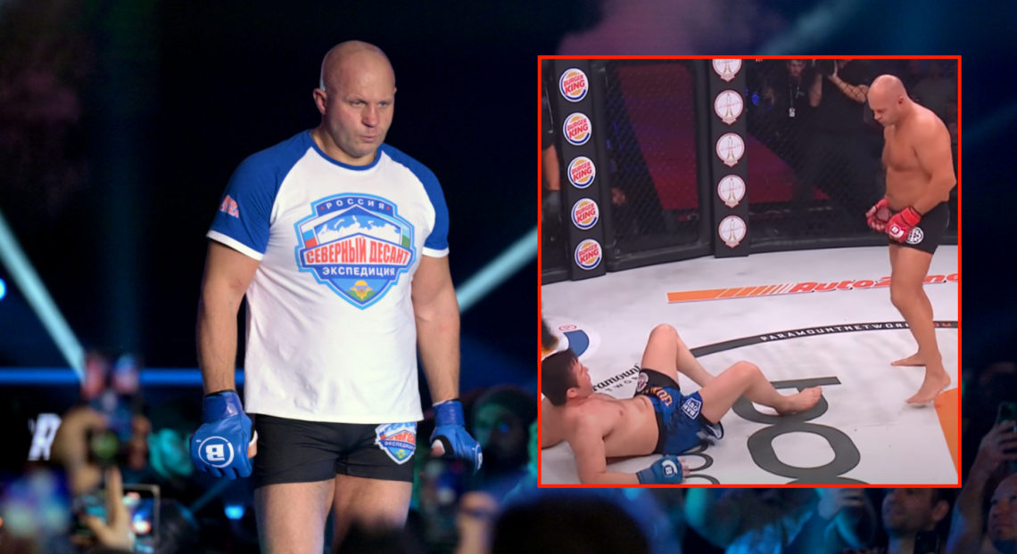 Fedor Emelianenko walks to the cage for the last time to face Ryan Bader during their heavyweight championship fight during Bellator 290 with an in...
