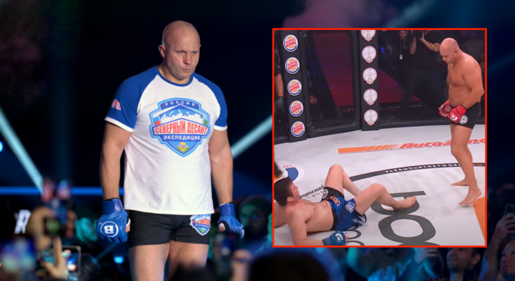 Fedor Emelianenko walks to the cage for the last time to face Ryan Bader during their heavyweight championship fight during Bellator 290 with an in...