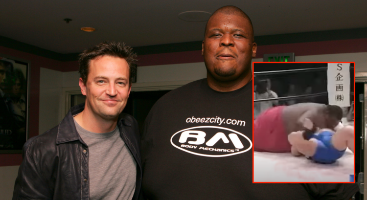 Emmanuel Yarbrough with Matthew Perry, with a block showing him during an MMA fight laying on top of an opponent