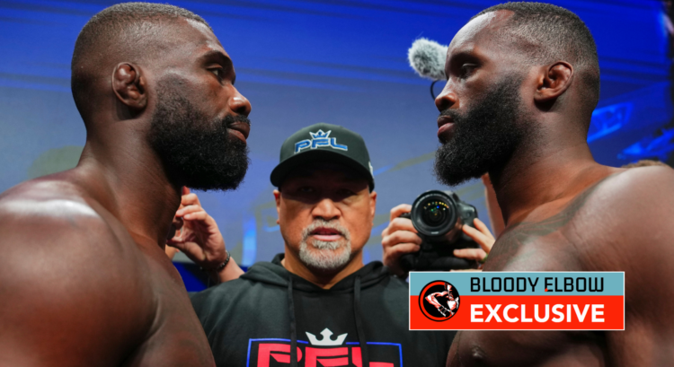 Impa Kasanganay and Fabian Edwards face off with Ray Sefo standing between them. Overlay text reads BLOODY ELBOW EXCLUSIVE