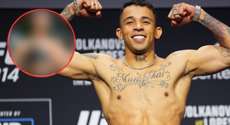 Carlos Prates poses after a faceoff at the UFC 314 pre-fight press conference, inset Ian Machado Garry.
