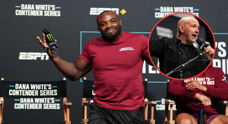 Torrez Finney reacts after being awarded a UFC contract during Dana White's Contender Series season eight, week eight event at UFC Apex with an ins...