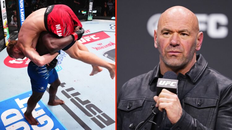 Split image of Dana White and Torrez Finney lifting Robert Valentin
