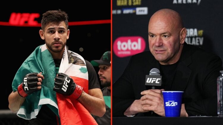 Split image of Yair Rodriguez celebrating his victory over BJ Penn in 2017 and Dana White