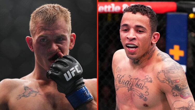 Split image of Ian Machado Garry of Ireland reacts during the UFC 310 event at T-Mobile Arena on December 07, 2024 in Las Vegas, Nevada and Carlos ...