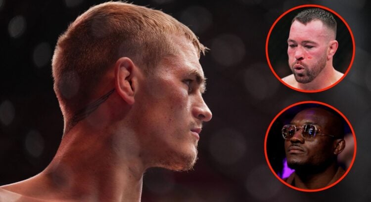 Image of Ian Machado Garry looking on during his UFC 310 fight with Shavkat Rakhmonov with insets of Colby Covington resting at UFC 296 and Kamaru ...