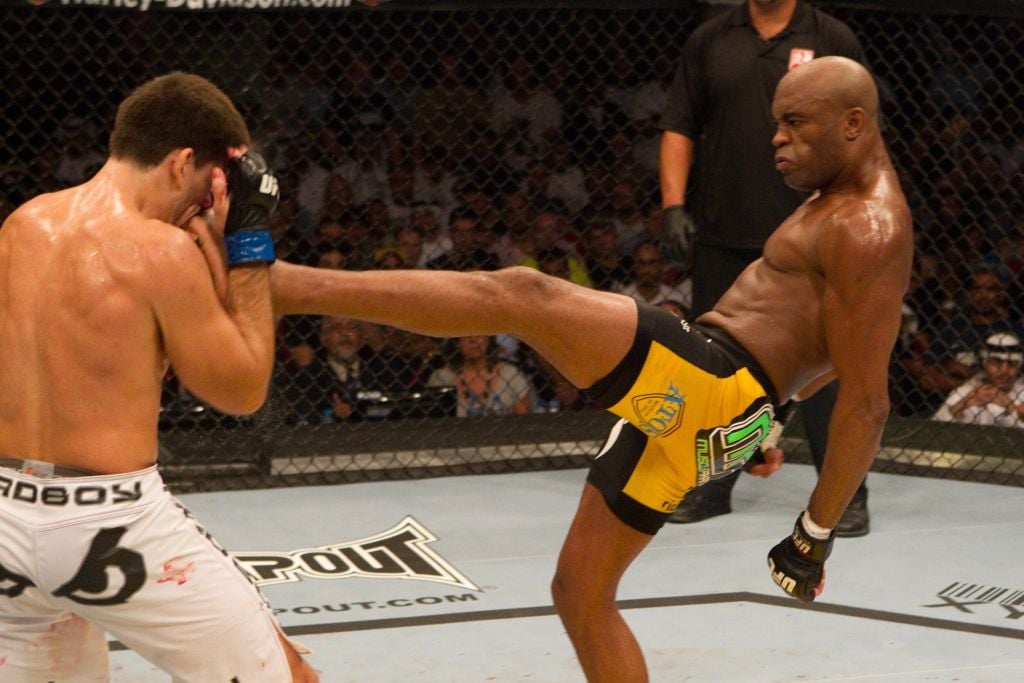 Anderson Silva kicks Demian Maia at UFC 112