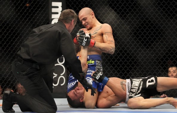 Dustin Poirier submits Max Holloway during UFC 143 fight