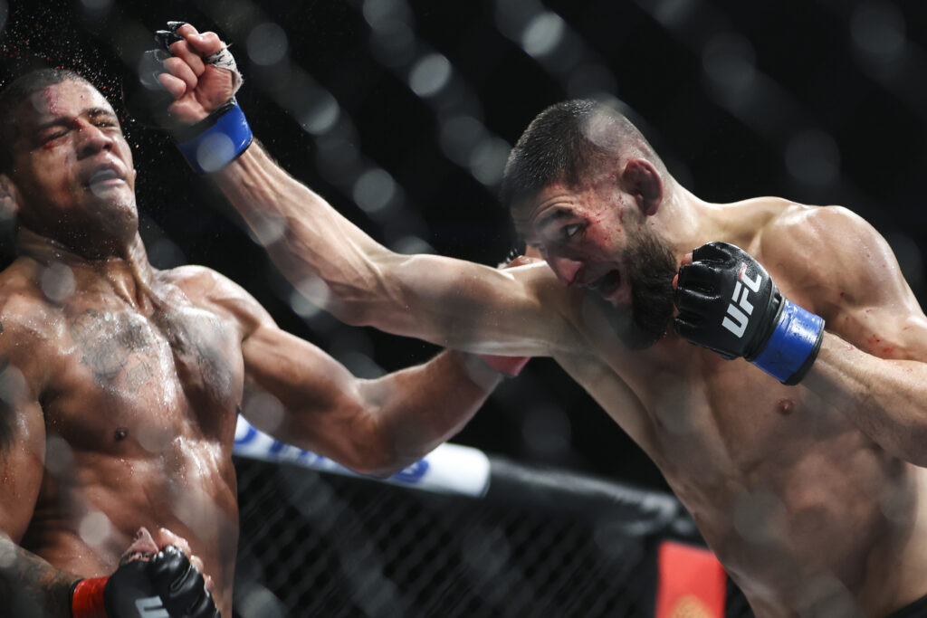 Khamzat Chimaev and Gilbert Burns trade punches.