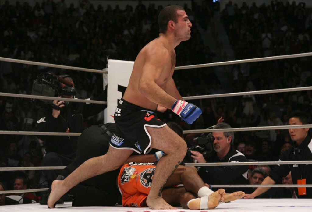 Shogun Rua celebrates defeating Alistair Overeem by knockout at Pride 33