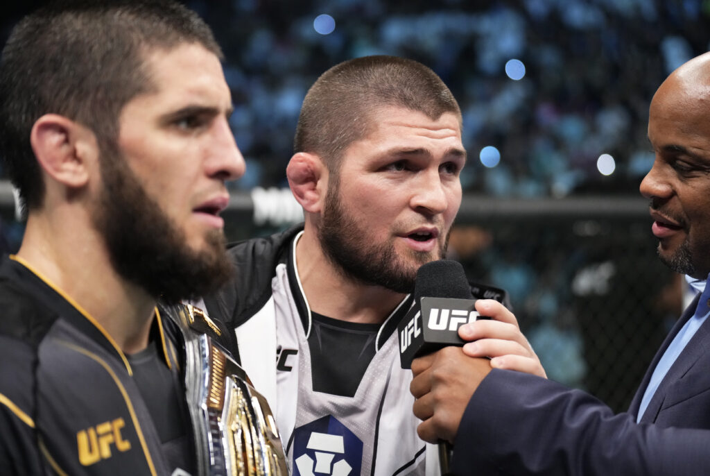 Khabib Nurmagomedov speaks with Daniel Cormier in a post-fight interview at UFC 280