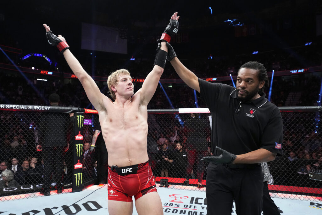 Paddy Pimblett reacts after the official decision is read at UFC 282.