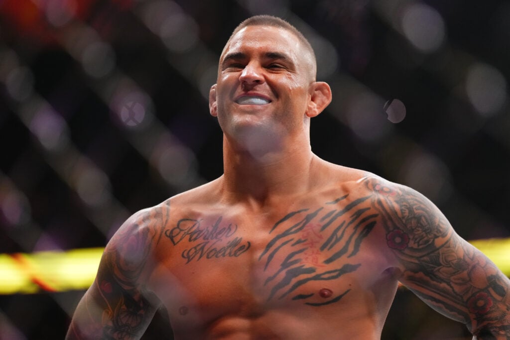 Dustin Poirier inside the cage for his UFC 302 title fight against Islam Makhachev