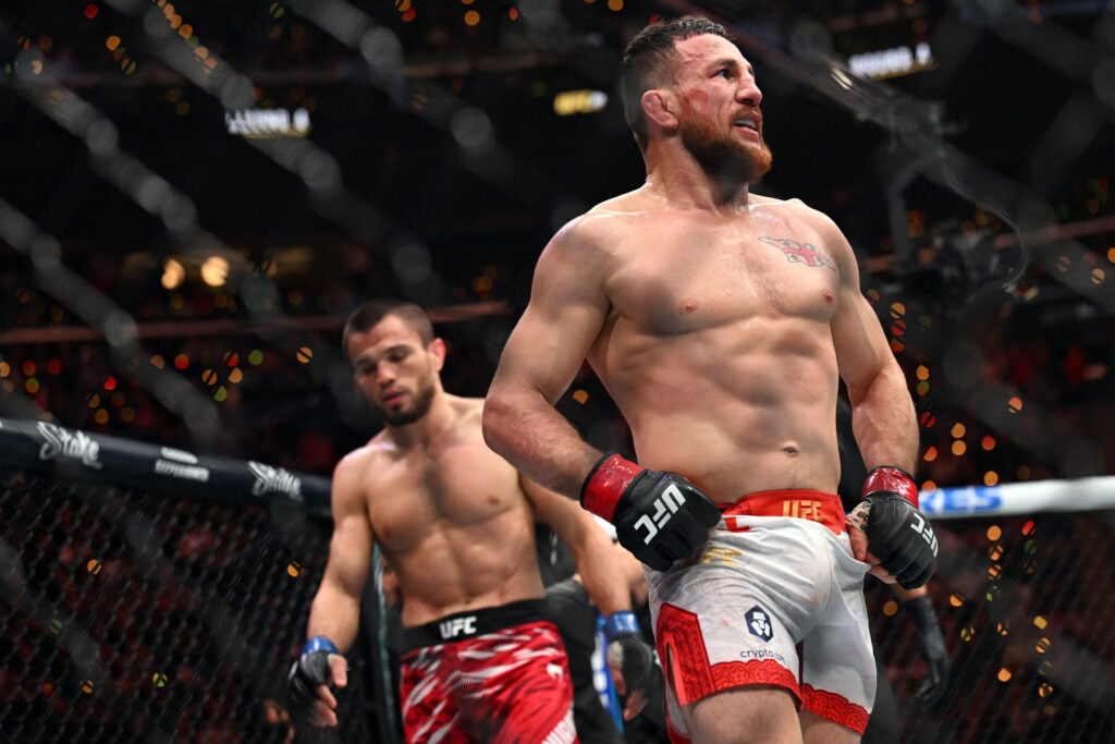 Merab Dvalishvili and Umar Nurmagomedov during their UFC 311 title fight