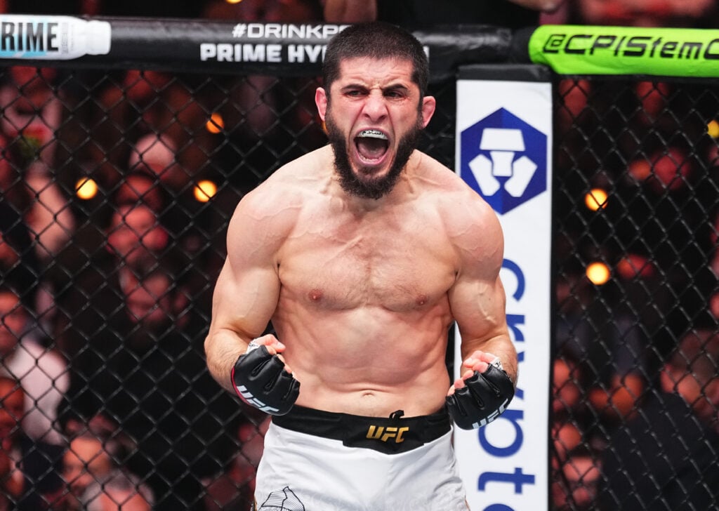 Islam Makhachev reacts after finishing Renato Moicano at UFC 311