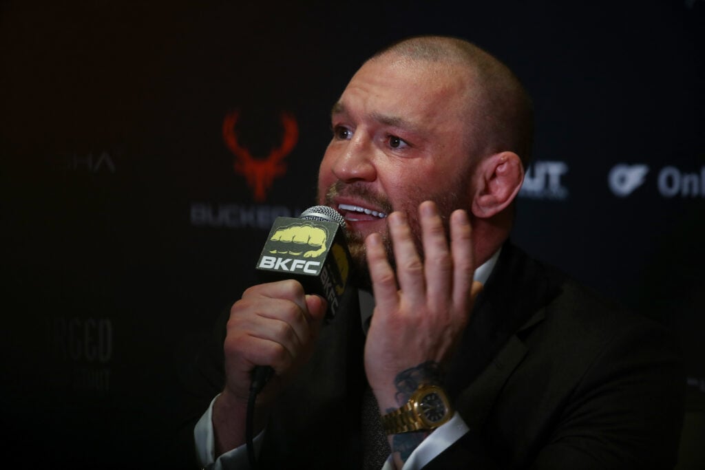 Conor McGregor talks to the media at BKFC event