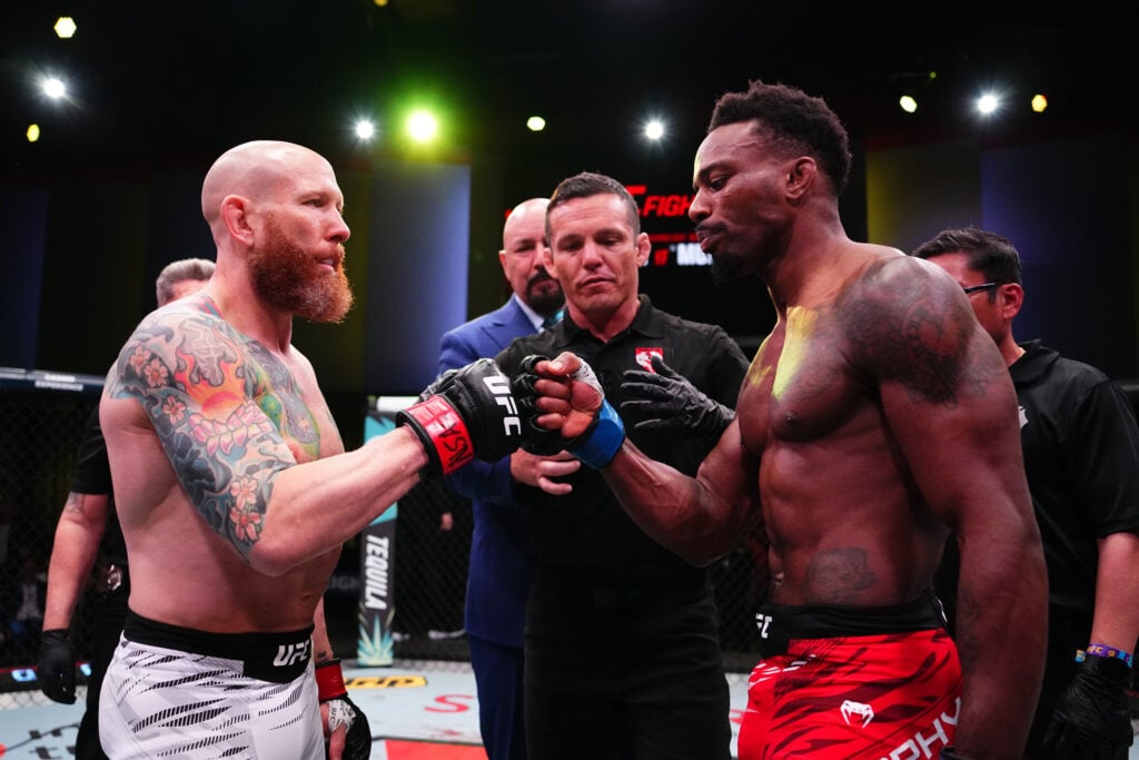 Josh Emmett and Lerone Murphy touch gloves before UFC Vegas 105