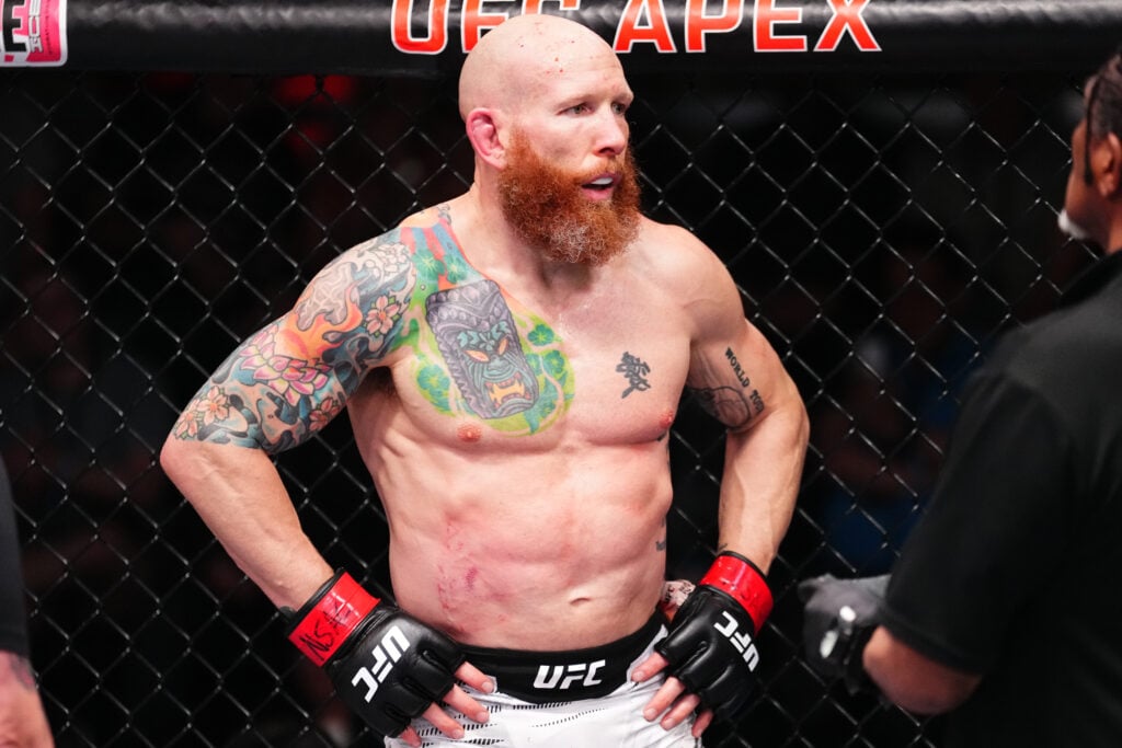 Josh Emmett recovers from an eye poke at UFC Vegas 105.