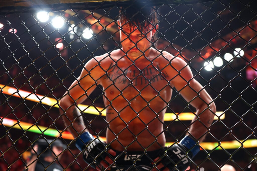 Diego Lopes reacts after UFC 314.