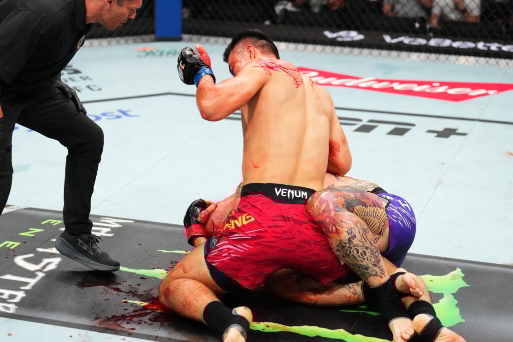 Zhang Mingyang lands elbows on Anthony Smith during UFC Kansas City fight
