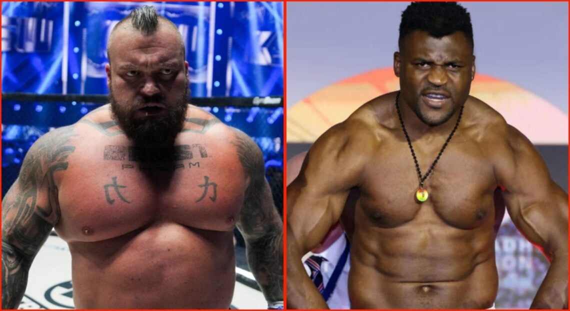 Split of Eddie Hall after his win at KSW 105, with Francis Ngannou weighing in for his fight with Anthony Joshua