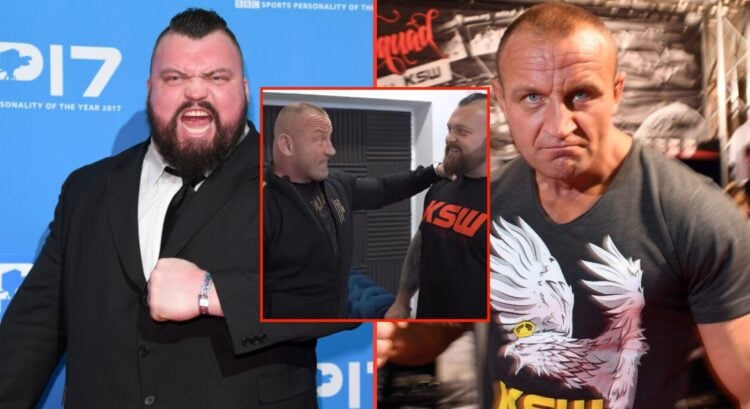 Split image of Eddie Hall and Mariusz Pudzianowski with an inset of them meeting before their MMA fight