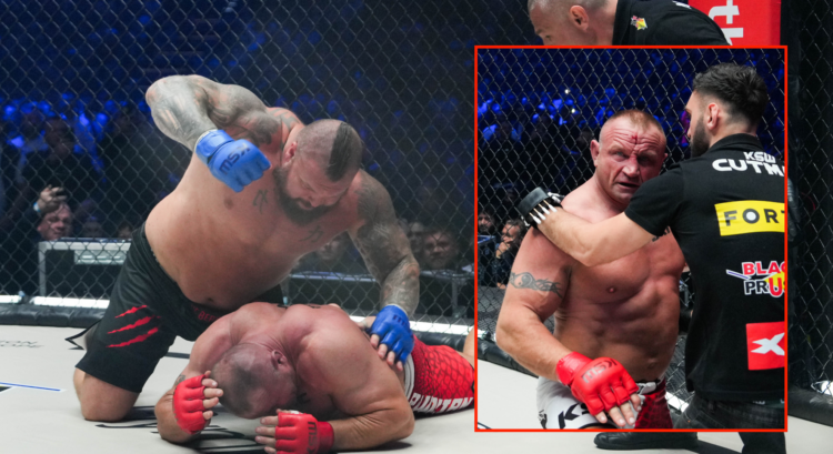Eddie Hall punches Mariusz Pudzianowski during KSW 105 fight with an inset of Pudzianowski reacting following his loss