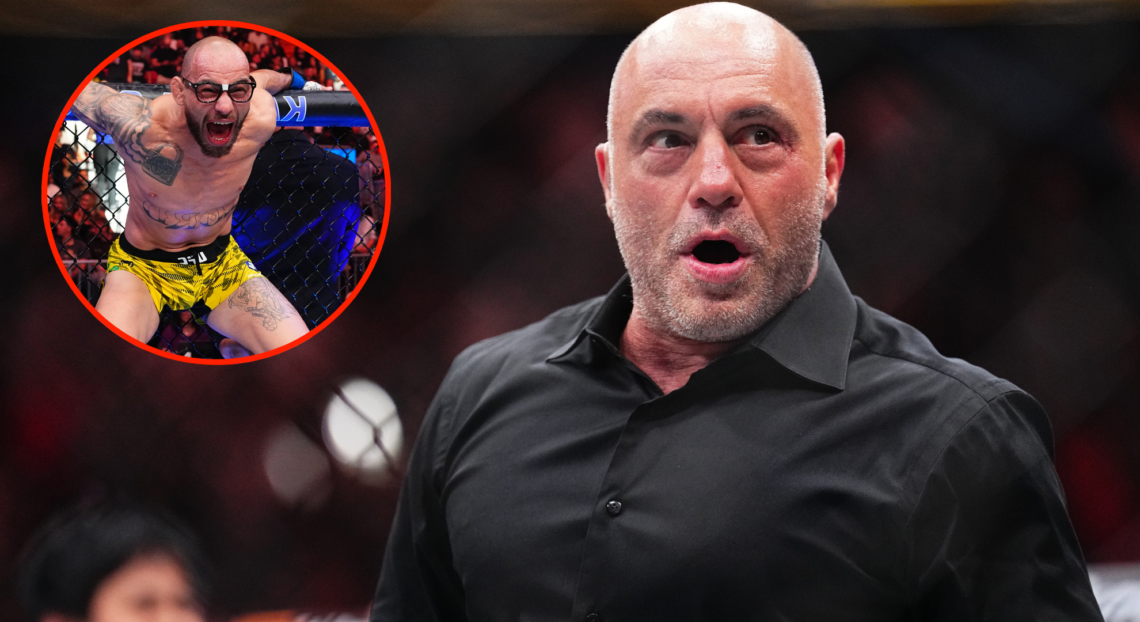 Joe Rogan reacts after Max Holloway's win at UFC 300, inset Jean Silva after a win at UFC 314