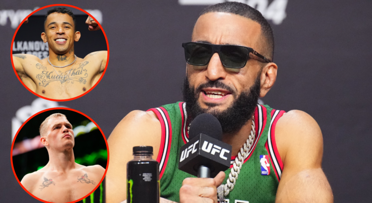 Belal Muhammad answers a question at the UFC 304 press conference, inset Carlos Prates posing and Ian Machado Garry entering the cage