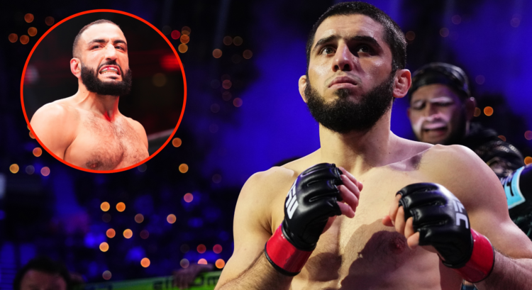 Islam Makhachev enters the Octagon for his fight at UFC 311, inset Belal Muhammad after a win at UFC 288