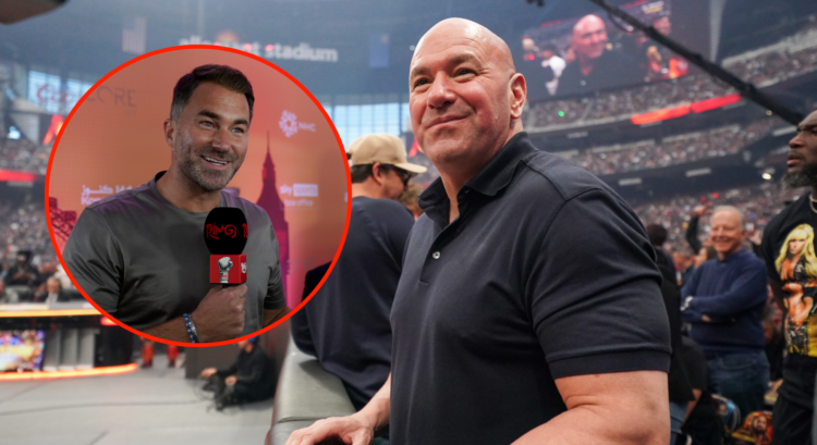 Dana White attends WrestleMania 41 Saturday at Allegiant Stadium with an inset of Chairman of Matchroom Boxing Eddie Hearn during today's Grand Arr...